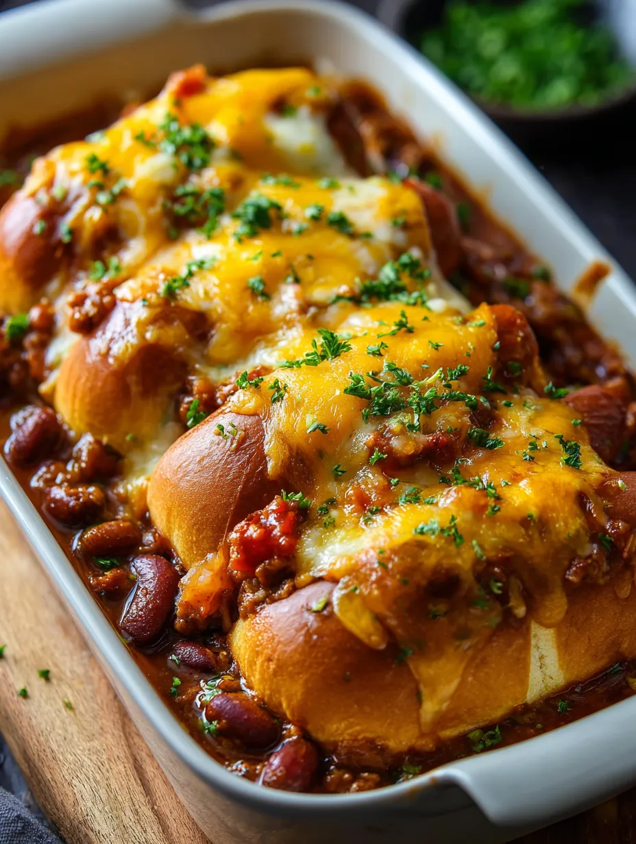 Une assiette blanche avec un chili cheese dog dessus.