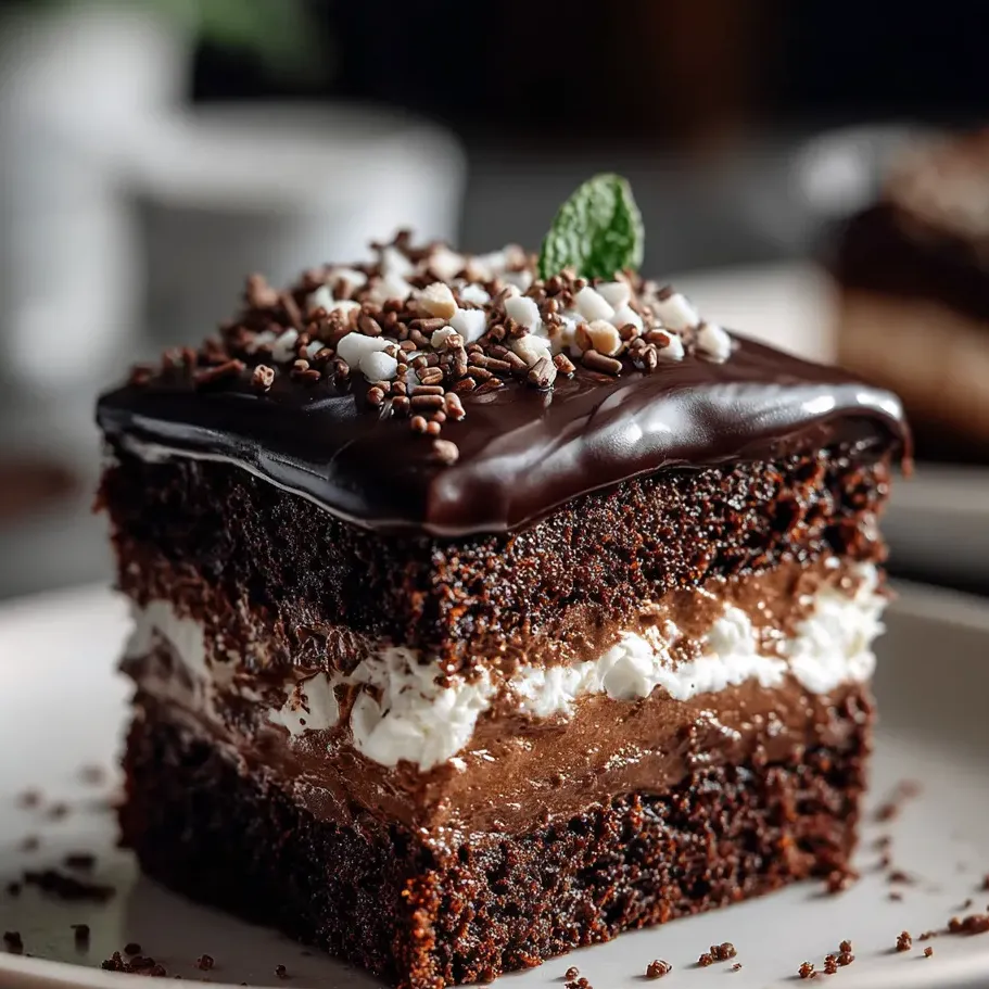 Une part de gâteau chocolat avec un nappage blanc.