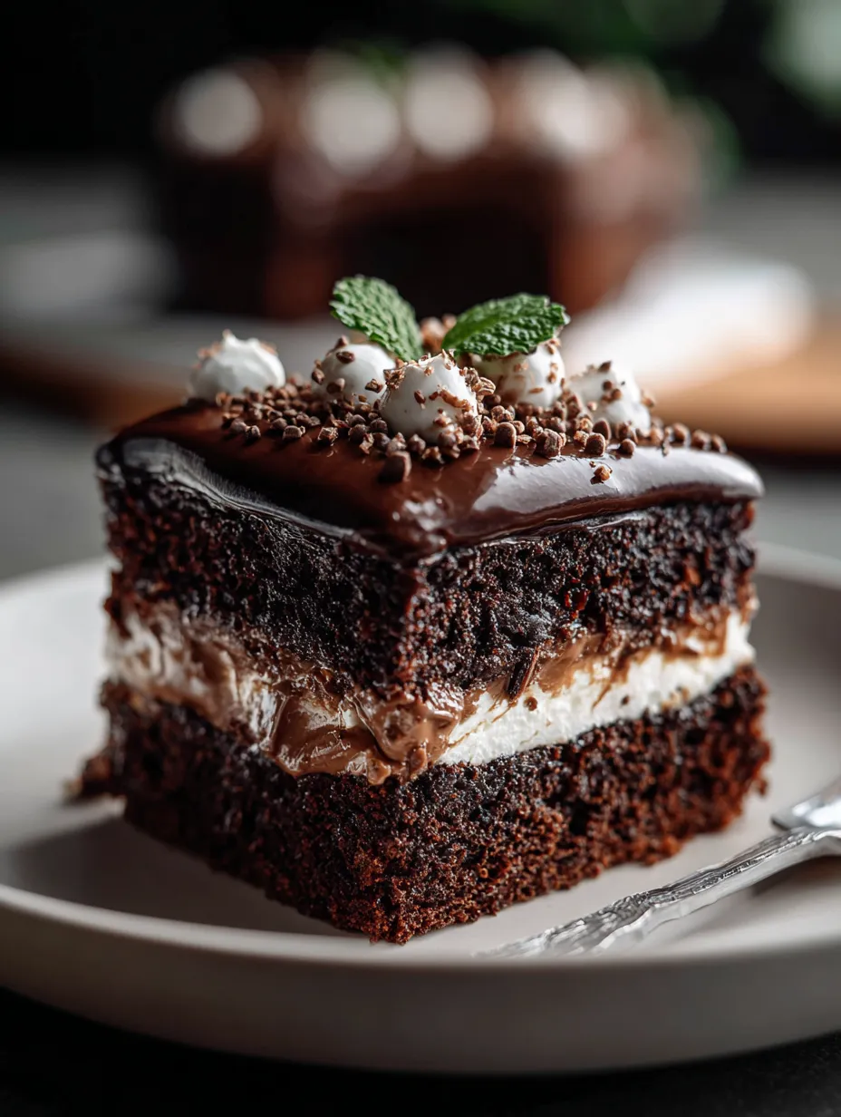 Tranche de gâteau au chocolat nappée de blanc et feuilles de menthe.