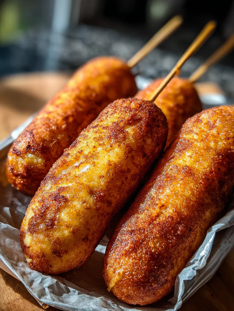Trois corn dogs sur une assiette.
