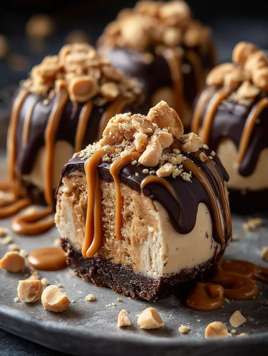 Un gâteau au chocolat nappé de beurre de cacahuète et caramel.