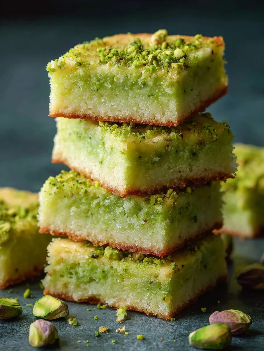 Une pile de carrés moelleux avec des éclats verts sur le dessus.