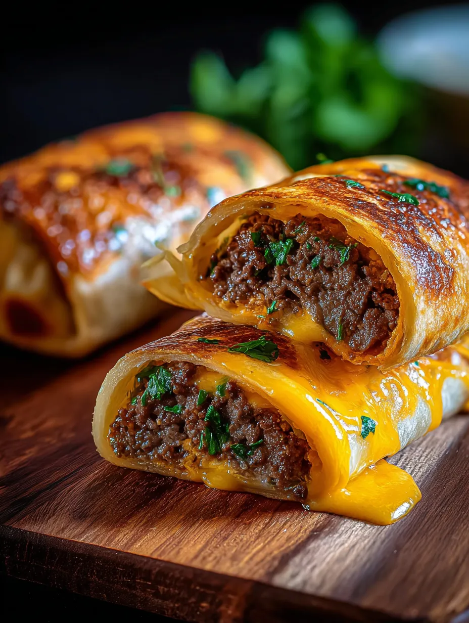 Un burrito à la viande et fromage sur une table en bois.