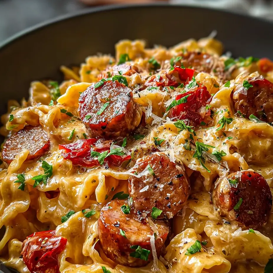 Un bol de pâtes avec saucisse et poivrons.