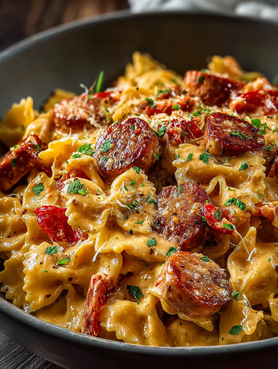 Un bol de pâtes avec saucisse et fromage.