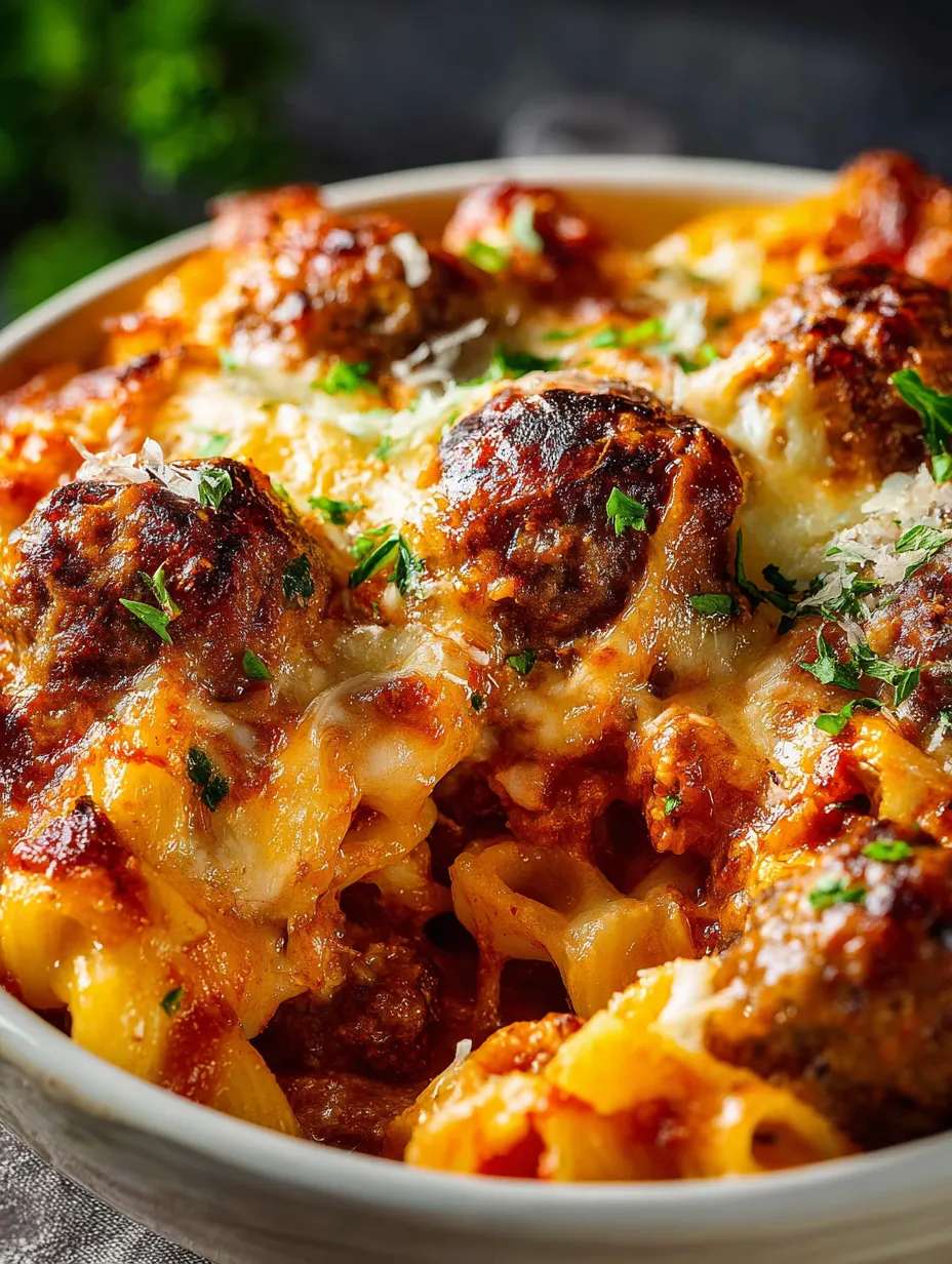 Un bol de pâtes avec boulettes et fromage.