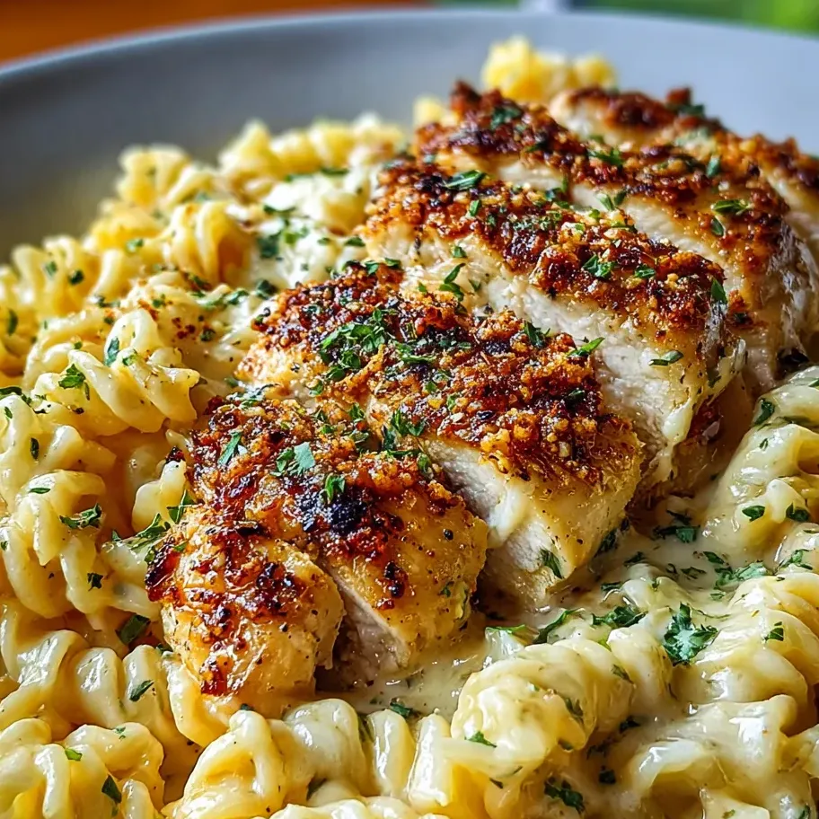Une assiette de pâtes avec du poulet dessus.