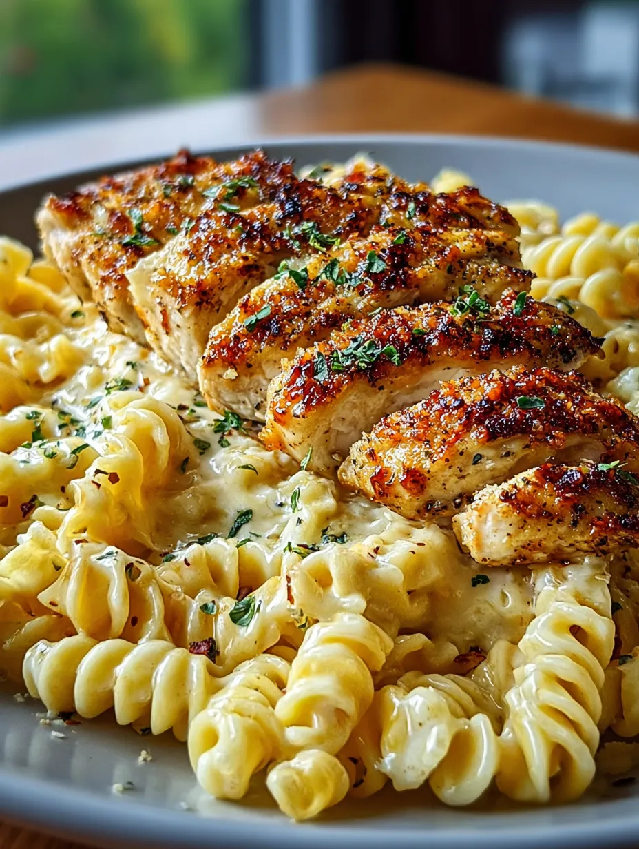 Une assiette de pâtes et poulet.