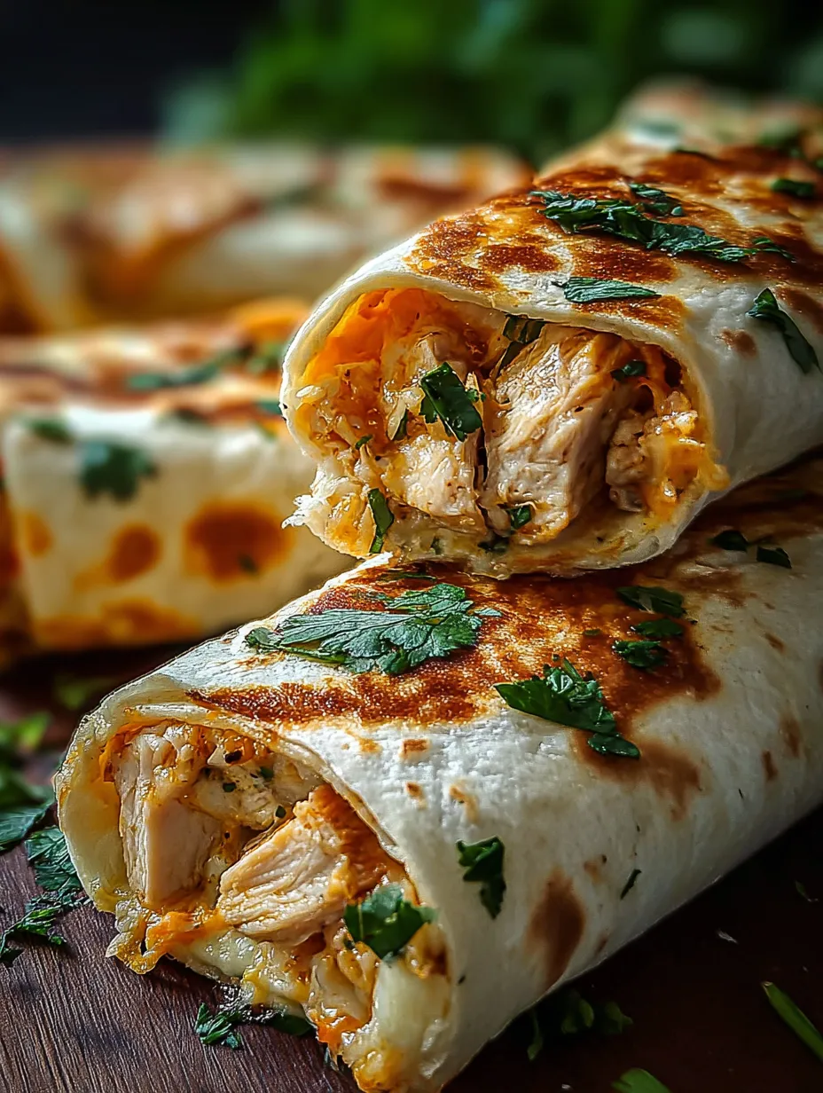 Un burrito de poulet surmonté de petits condiments verts.