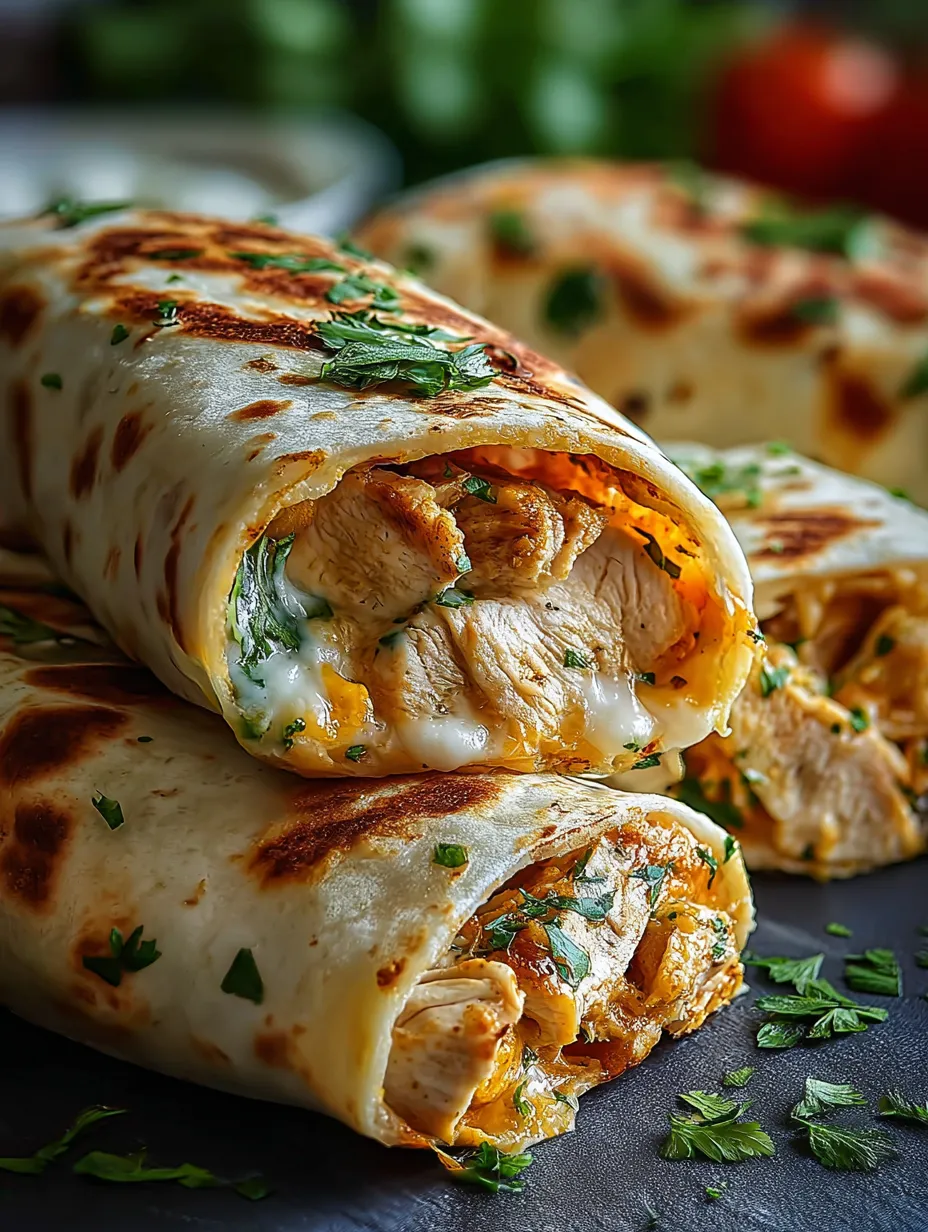 Un burrito au poulet bien garni de fromage et de jeunes oignons.