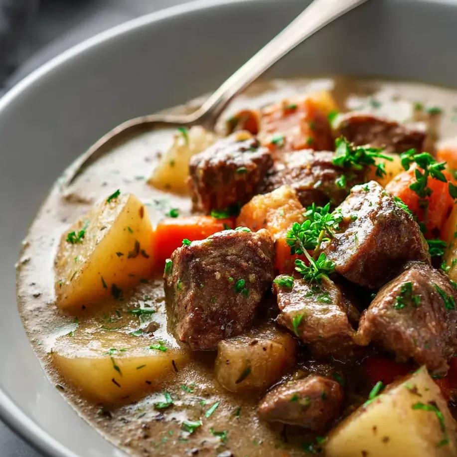 Un bol de soupe avec viande et légumes.