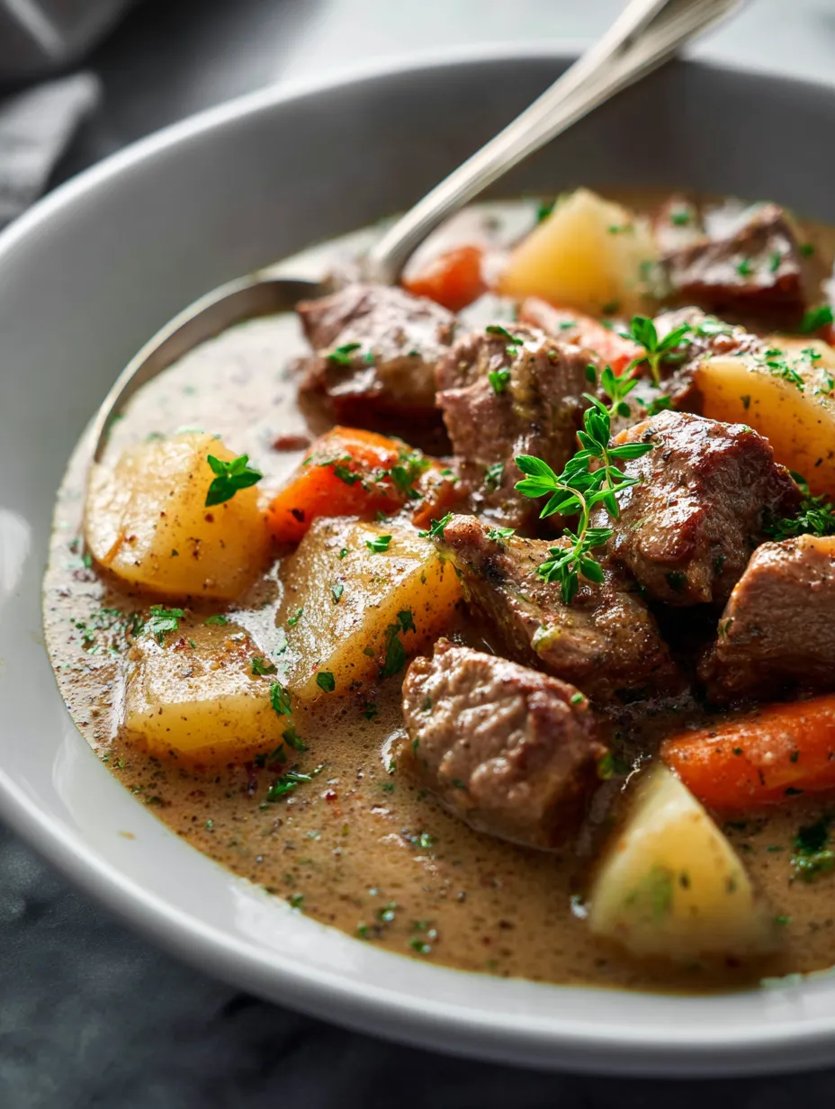 Un bol de ragoût avec morceaux de viande et légumes.