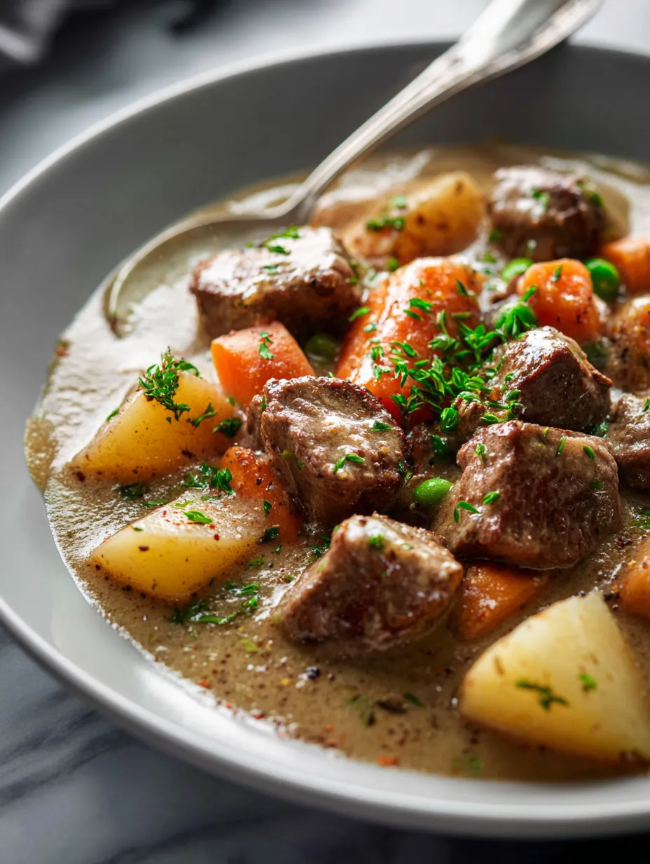Un bol de ragoût avec morceaux de viande et légumes.