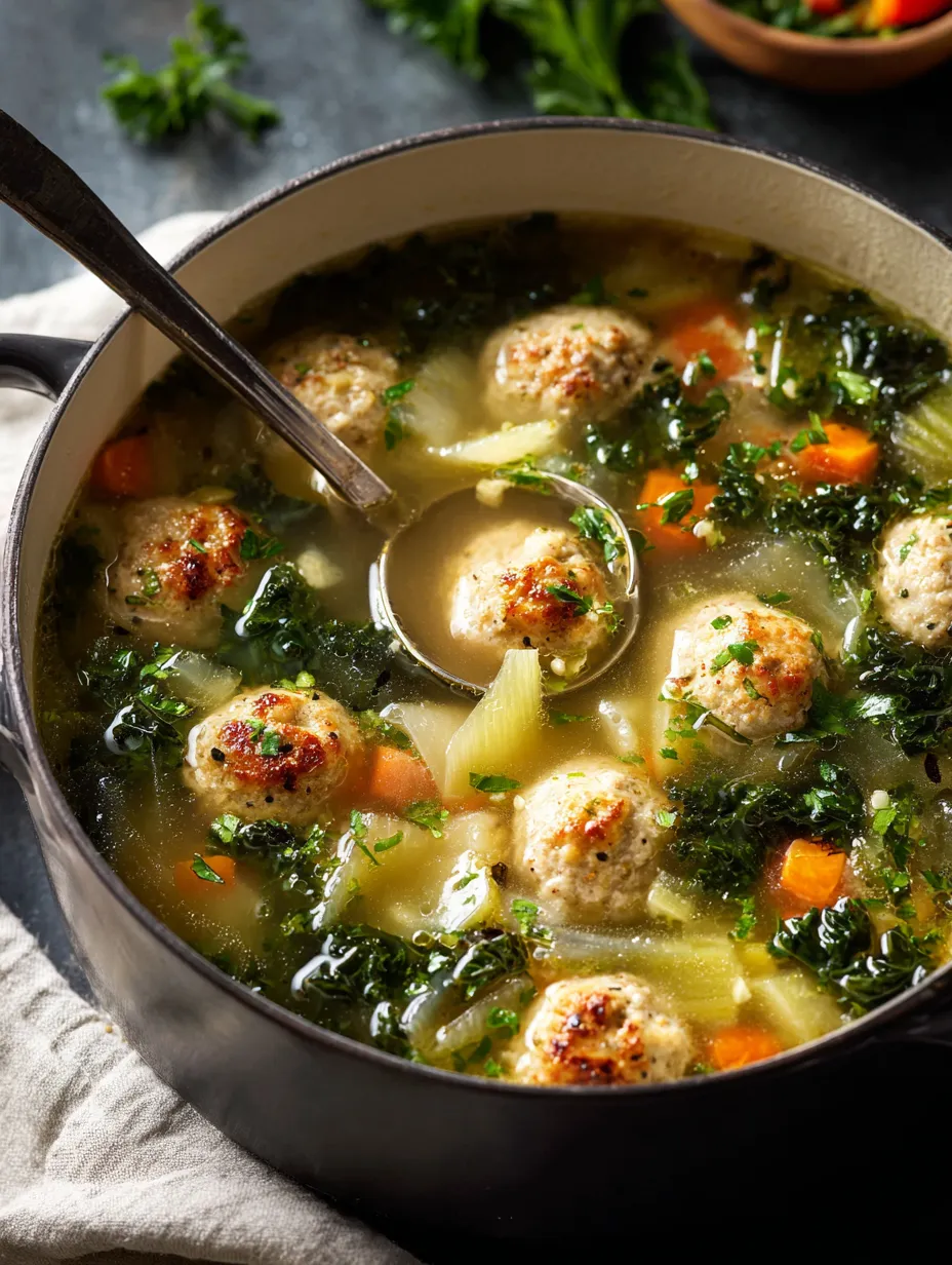 Un bol de soupe avec boulettes et légumes.