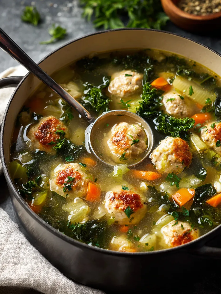 Un bol de soupe avec boulettes et légumes.