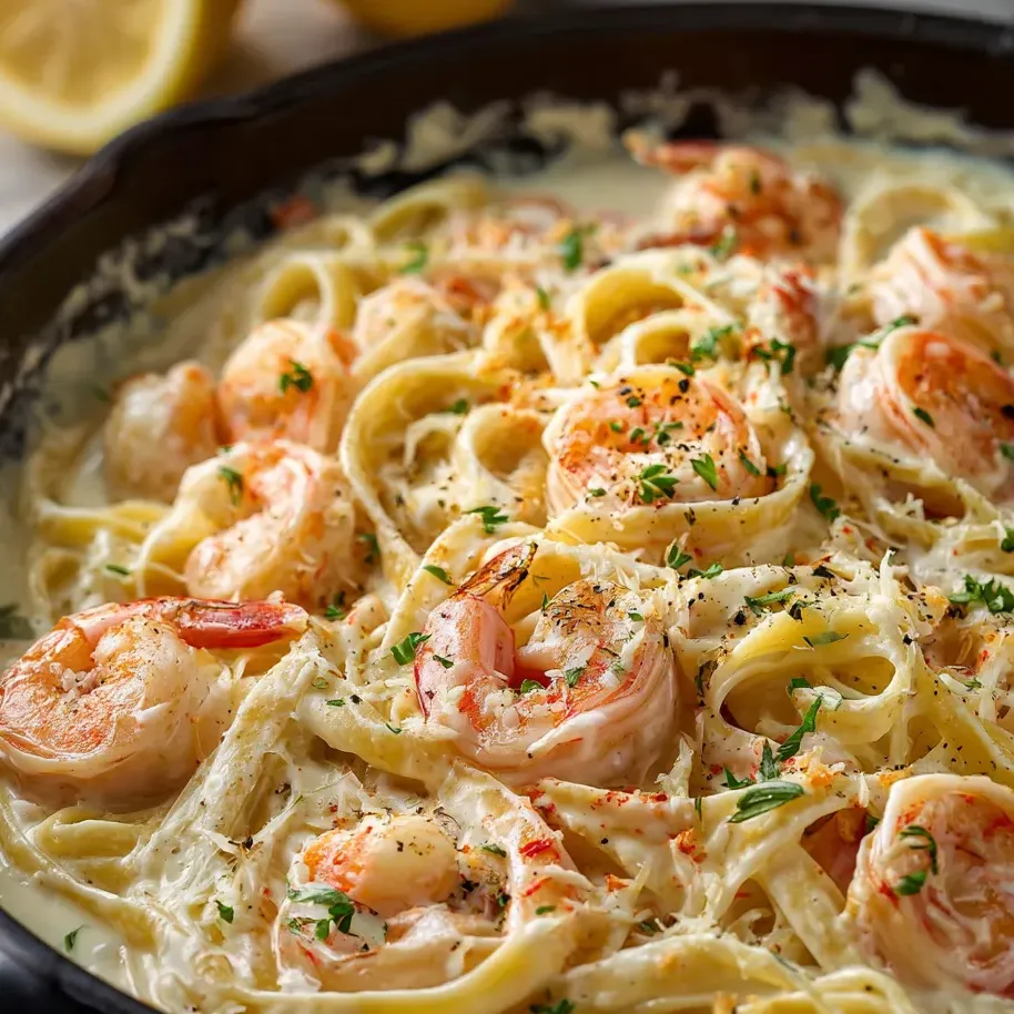 Un bol de pâtes aux crevettes et au fromage.
