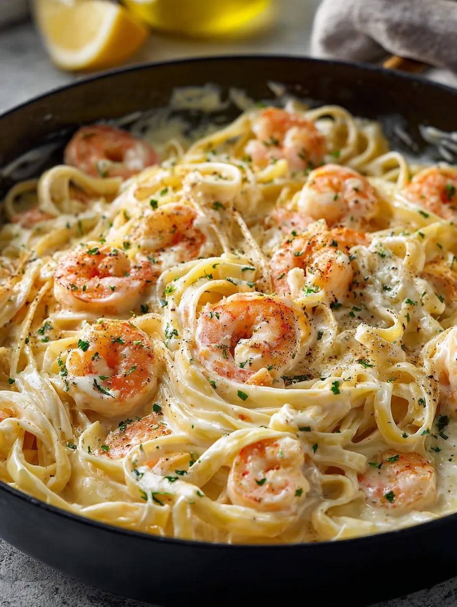 Un bol de crevettes et pâtes.