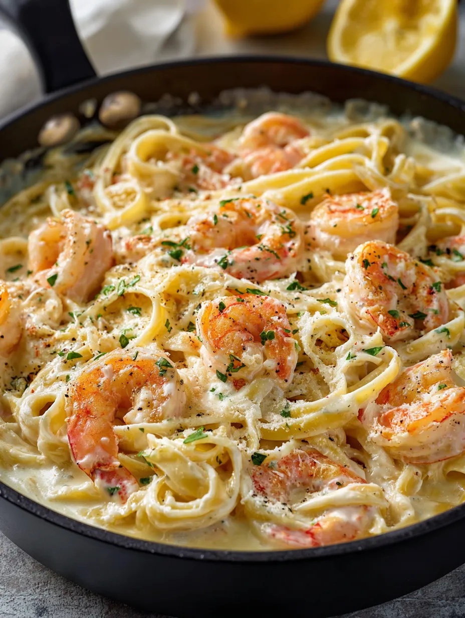 Un bol de crevettes et pâtes.