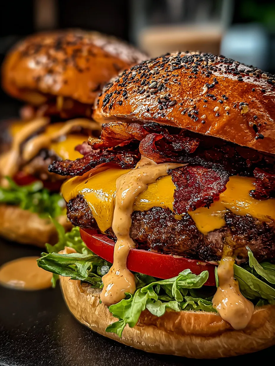 Gros plan sur un burger avec bacon et fromage.