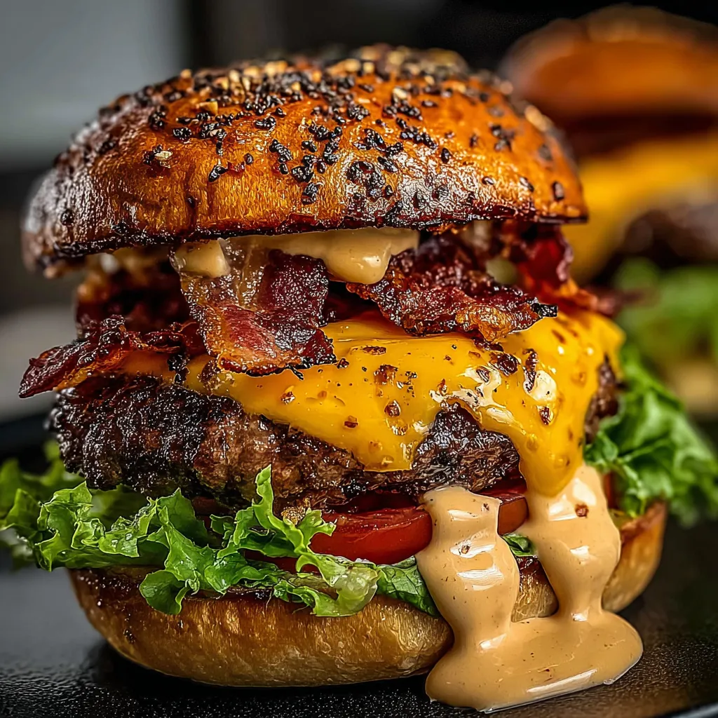 Un burger garni de bacon et fromage en gros plan.