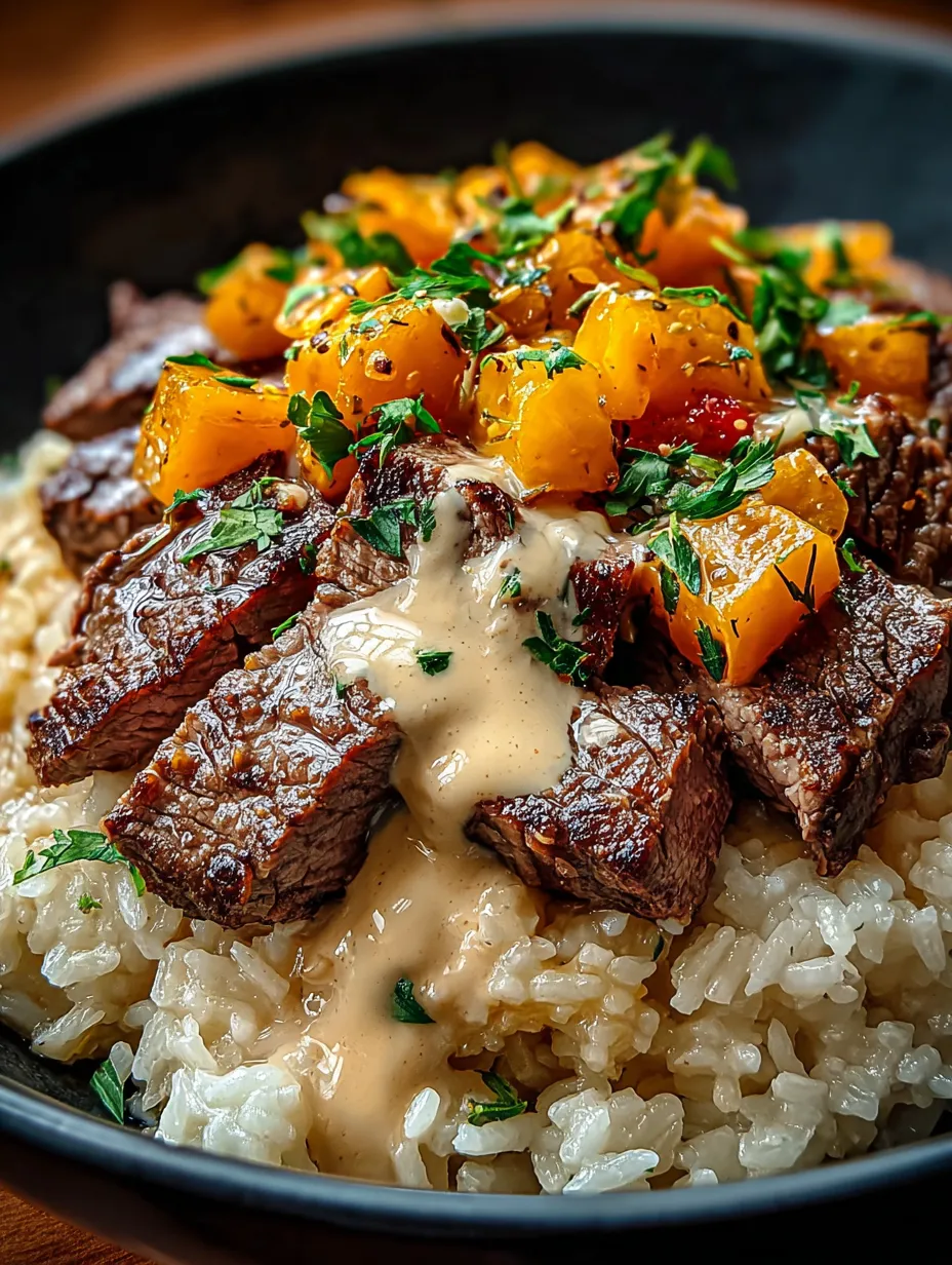 Un bol de riz, viande et sauce.