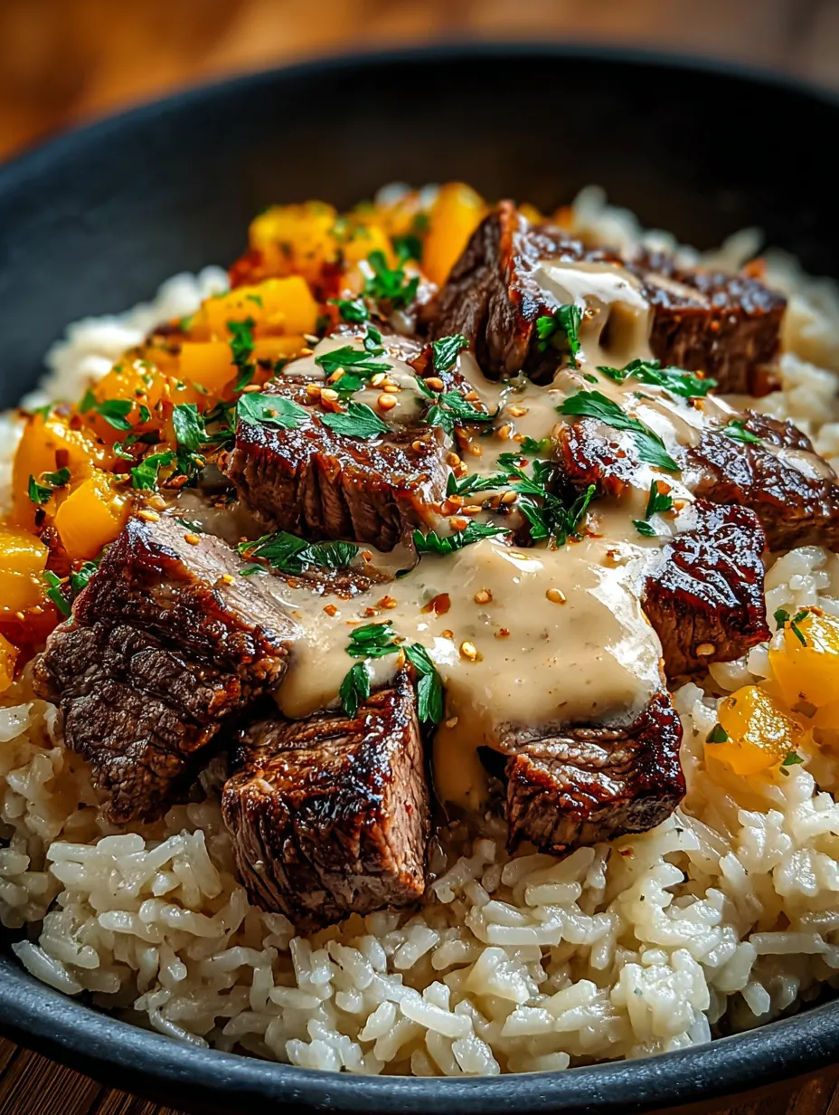 Une assiette de riz avec de la viande et de la sauce.