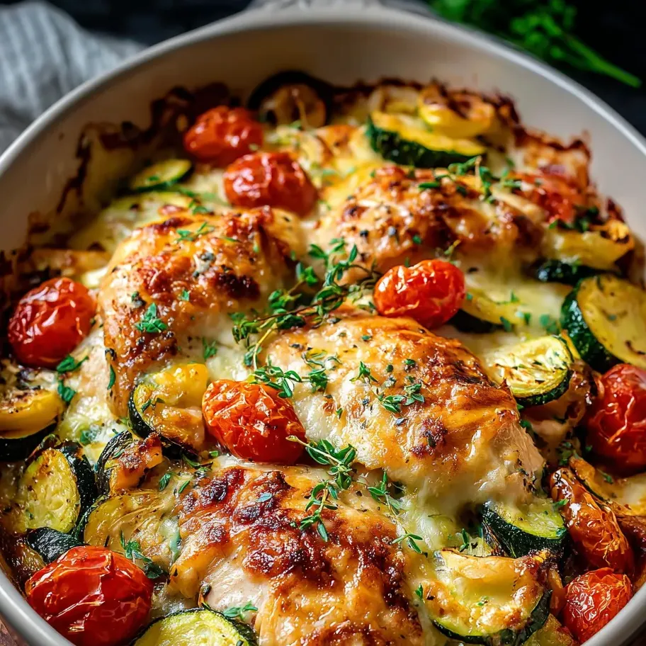 Un bol rempli de poulet, tomates et courgettes.