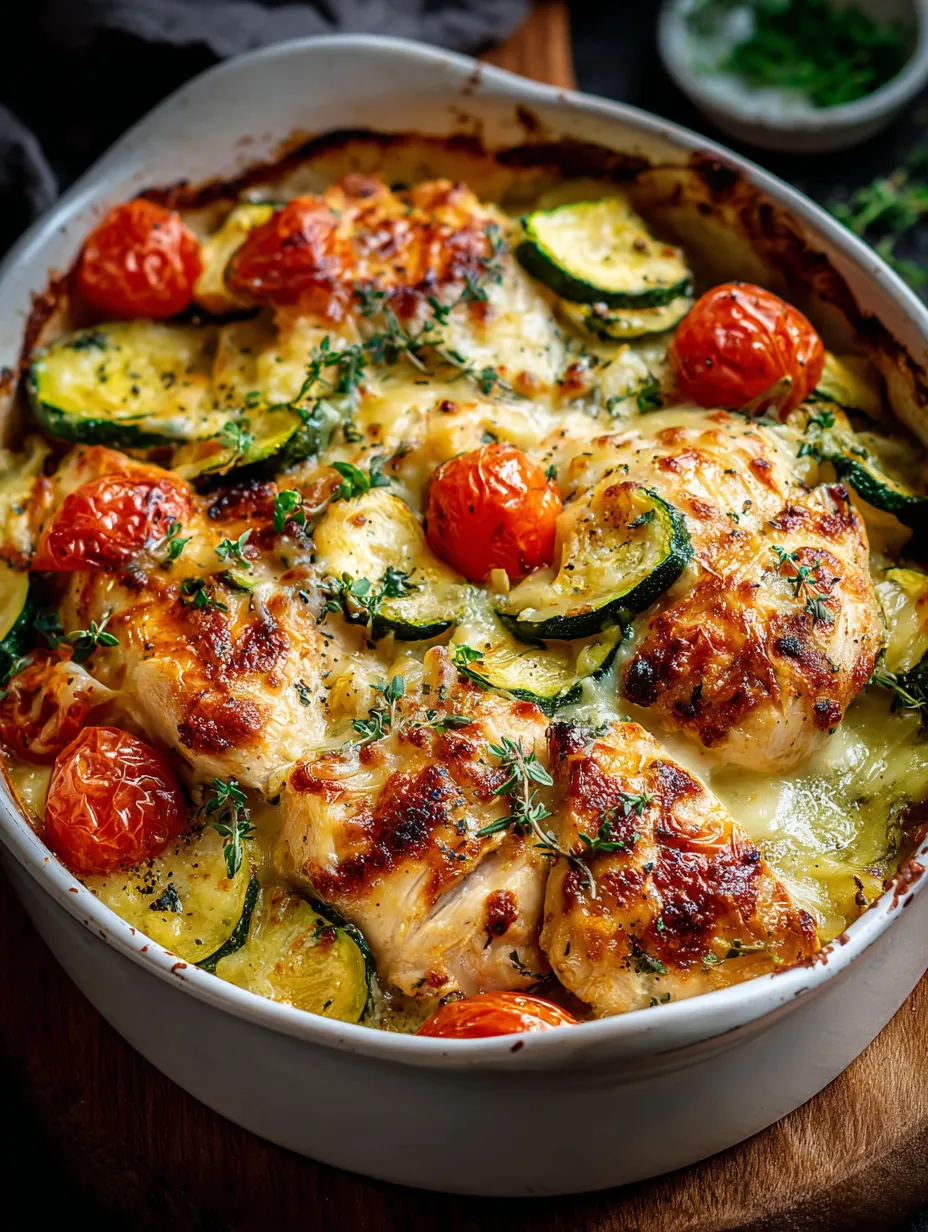 Un plat garni de poulet, tomates et courgettes.