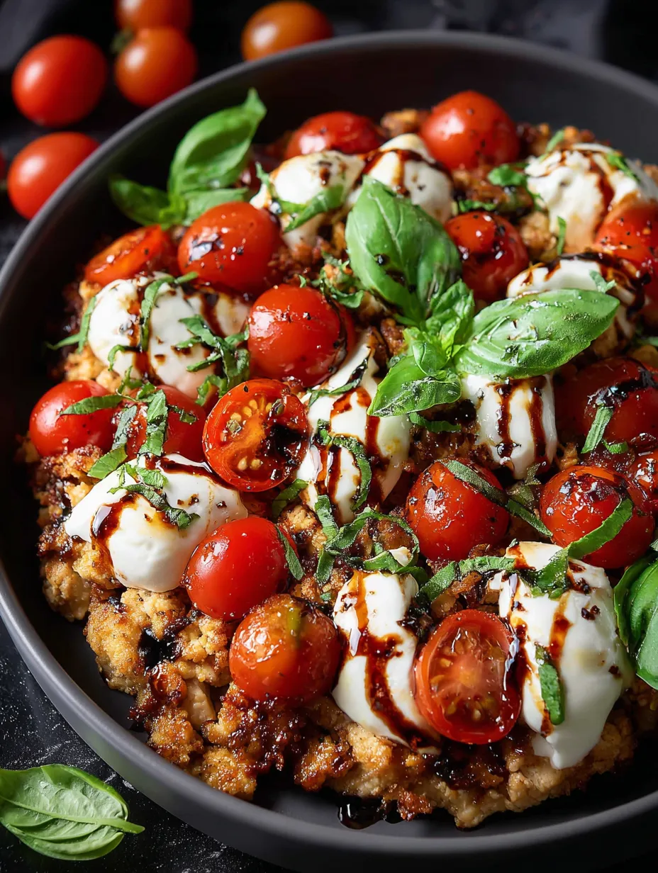 Un bol coloré garni de tomates et fromage fondu.