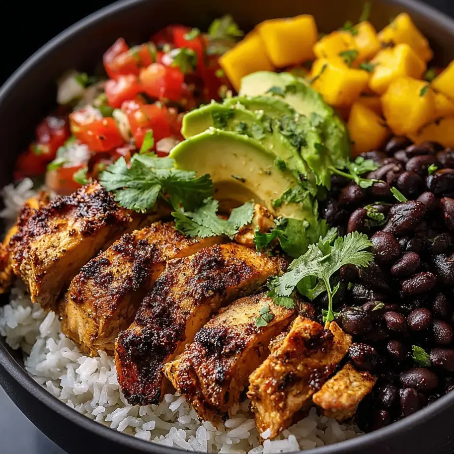 Un bol garni de riz, haricots, poulet et avocat.