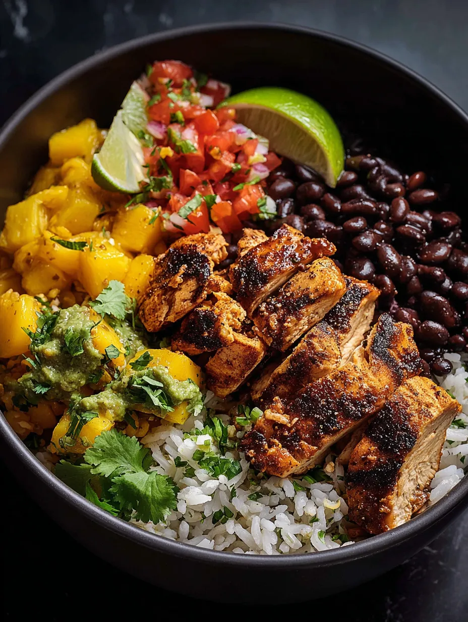 Un bol garni de riz, haricots et poulet.