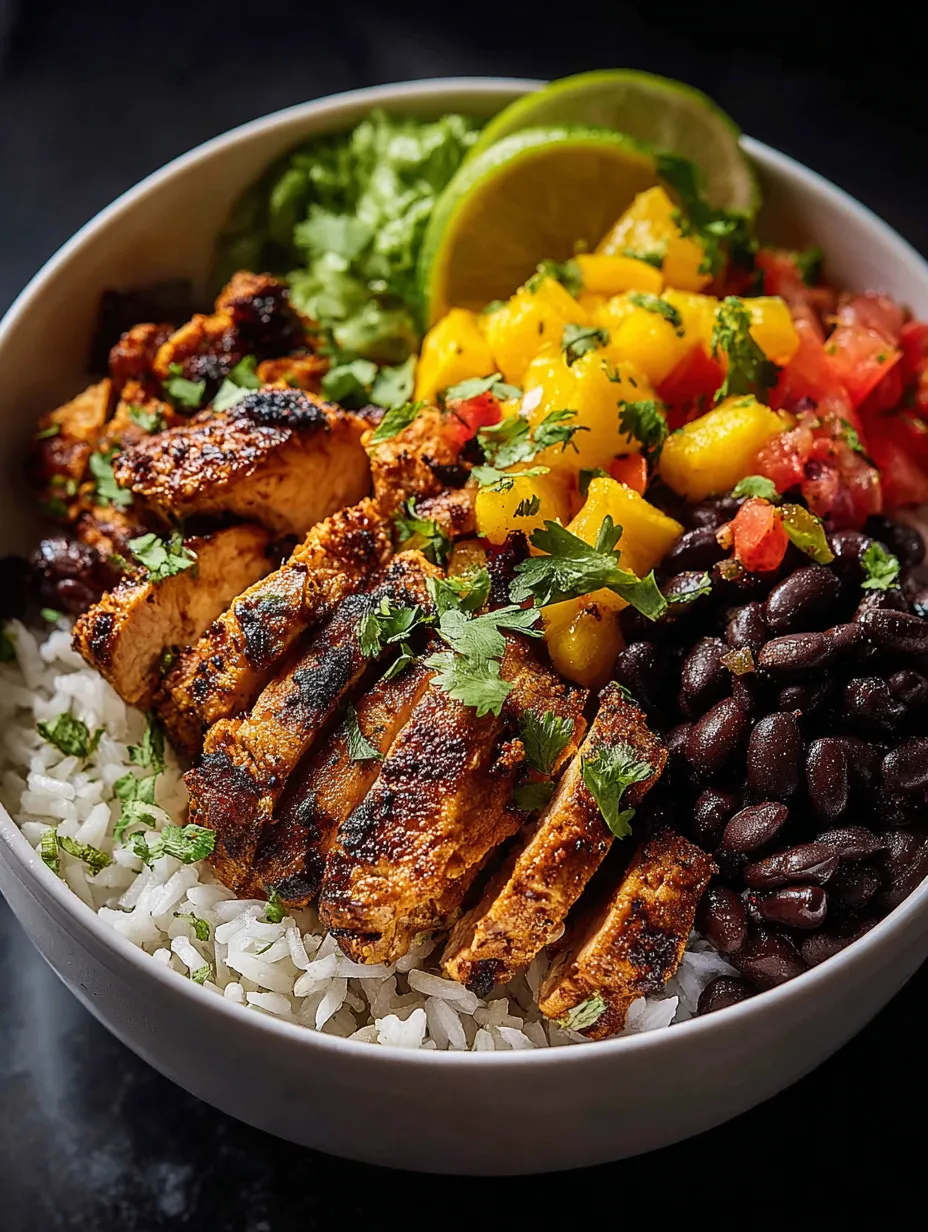 Un bol garni de riz, haricots, poulet et lime.