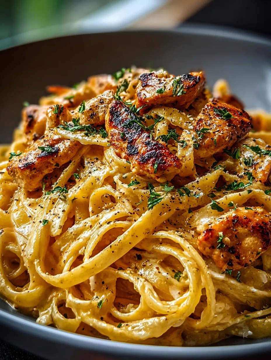 Un bol de pâtes avec du poulet et des herbes.