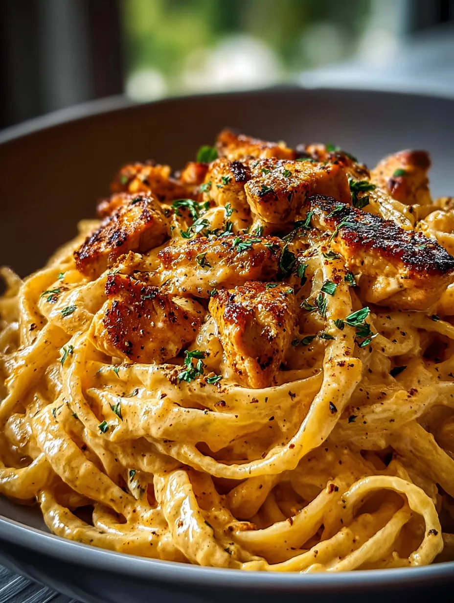 Un bol de pâtes avec du poulet et des herbes.