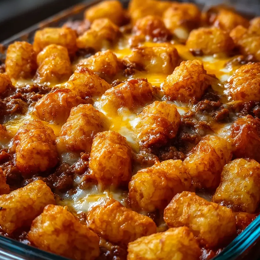 Un plat de tater tots avec fromage et viande.