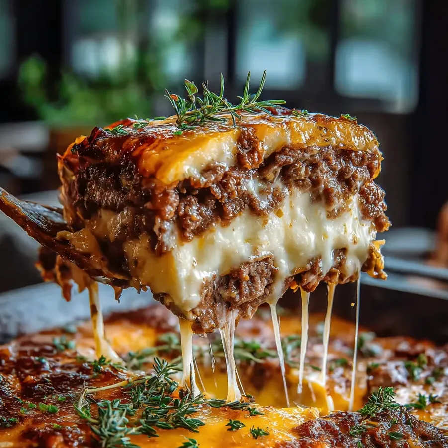 Une part de gratin couverte de fromage et sauce.
