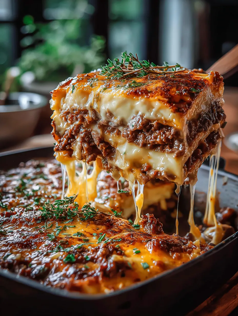 Zoom sur un plat généreux fromage-viande bien doré.