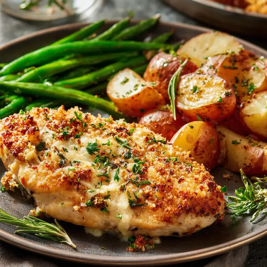 Assiette avec poulet, pommes de terre et haricots verts.