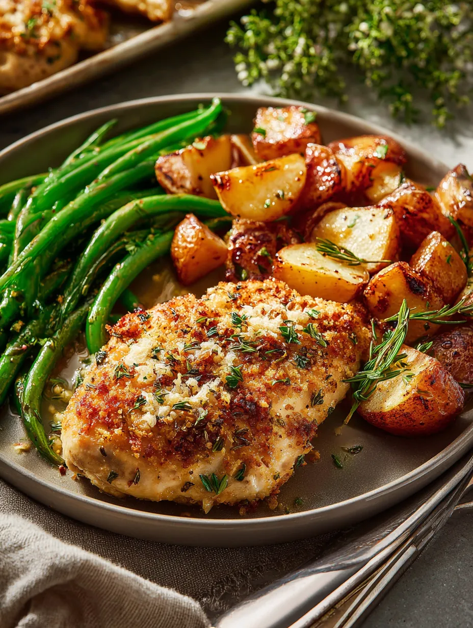 Une assiette de poulet, pommes de terre et haricots verts.