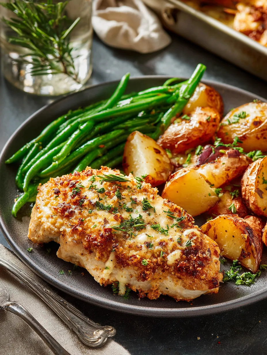 Une assiette de poulet, pommes de terre et haricots verts.