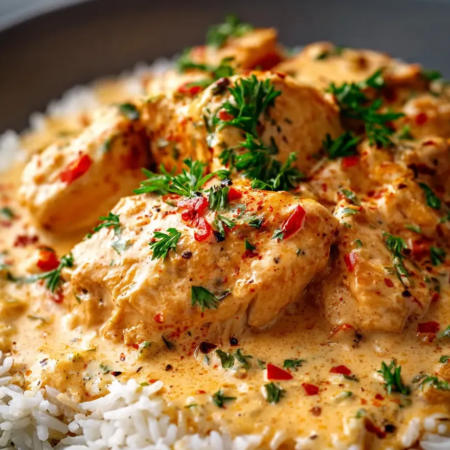 Une assiette de riz et volaille avec des poivrons rouges.