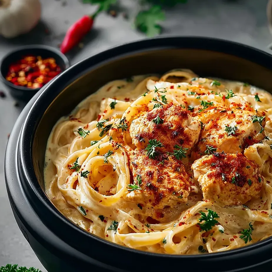Un bol de pâtes avec du poulet et des poivrons.