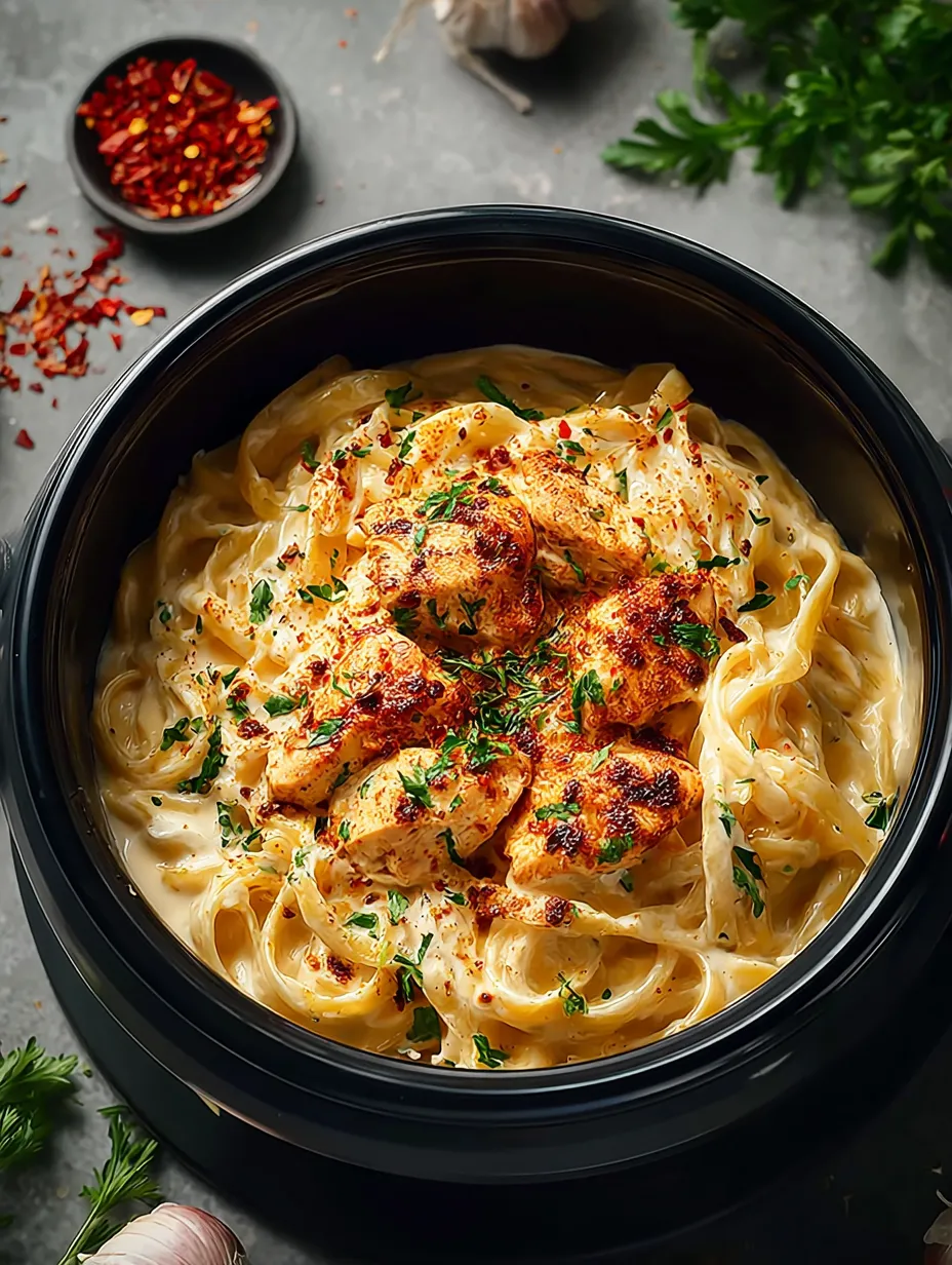 Un bol de pâtes avec poulet et poivrons.