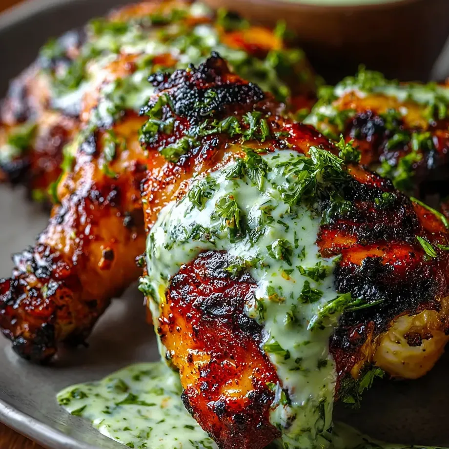 Poulet garni de sauce verte et d’herbes fraîches.