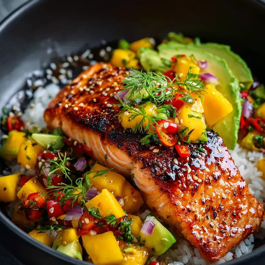 Un bol avec du poisson, du riz et des accompagnements.