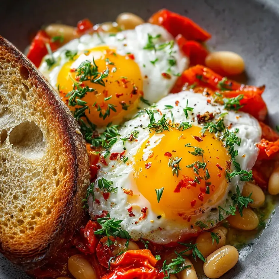 Une assiette avec oeufs, tomates et haricots.