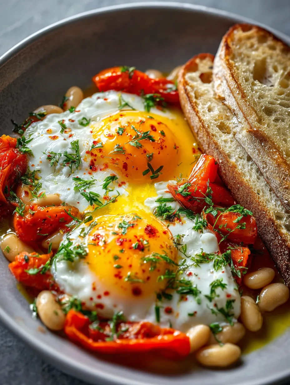 Une assiette garnie avec œufs, haricots et pain.