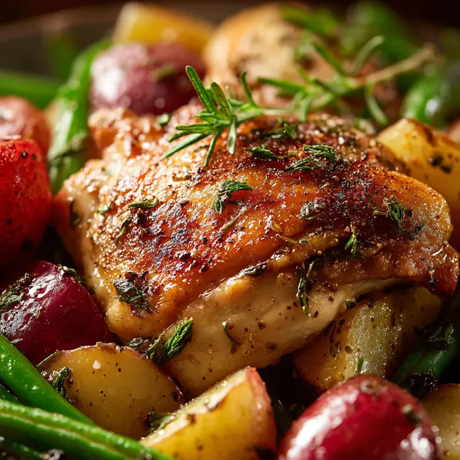 Assiette avec poulet, pommes de terre et haricots verts.