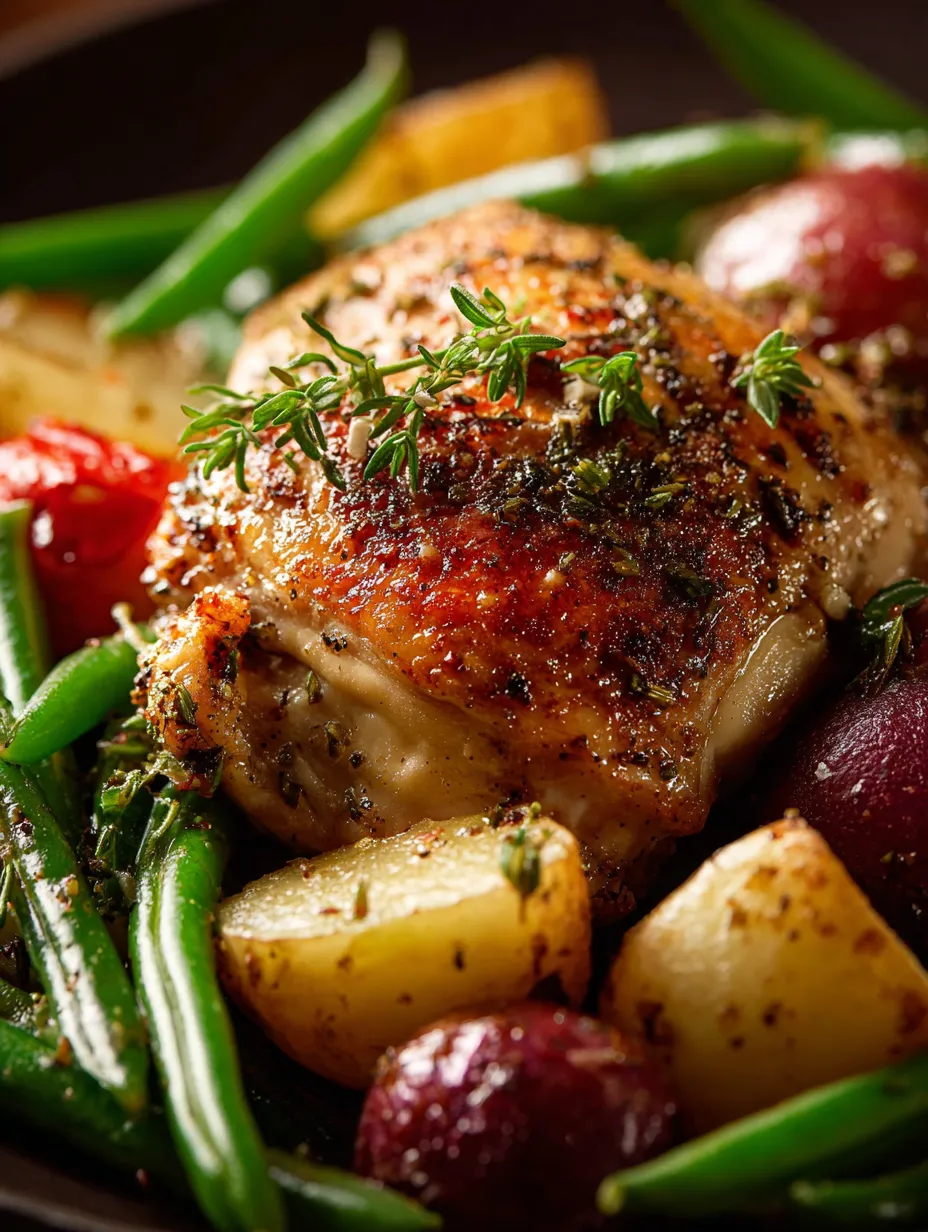 Assiette avec poulet, patates et haricots verts.