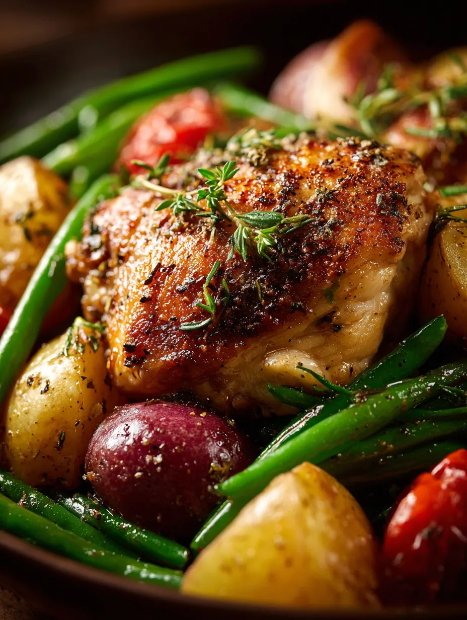 Assiette avec morceaux de poulet, pommes de terre, haricots verts et tomates.